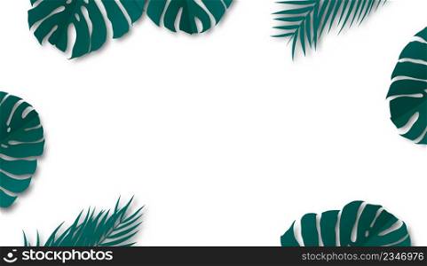 Monstera and coconut leaves on white background with copy space tropical summer vector illustration