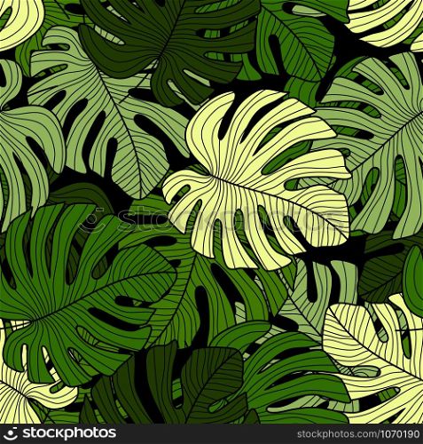 Monstera green leaves seamless pattern on black background. Design for printing, textile, fabric, fashion, interior, wrapping paper. Vector illustration. Monstera green leaves seamless pattern on black background.