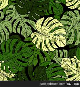 Monstera green leaves seamless pattern on black background. Design for printing, textile, fabric, fashion, interior, wrapping paper. Vector illustration. Monstera green leaves seamless pattern on black background.