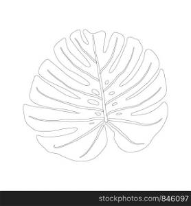 Monstera leaf in black outline icon on white background. Tropical leaves on background. Postcard, banner, app design. . Monstera leaf in black outline icon on white background.
