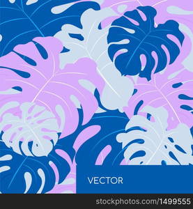 Monstera leaf repeat motiff flat color vector background. Blue philodendron pastel leaves. Floral pattern. Tropical summer vacation social media post mock up. Exotic resort web banner template