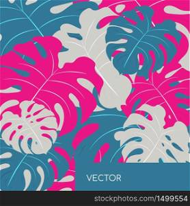 Monstera leaf repeat motiff flat color vector background. Pink, grey philodendron colorful leaves. Floral pattern. Tropical summer vacation social media post mock up. Exotic resort web banner template