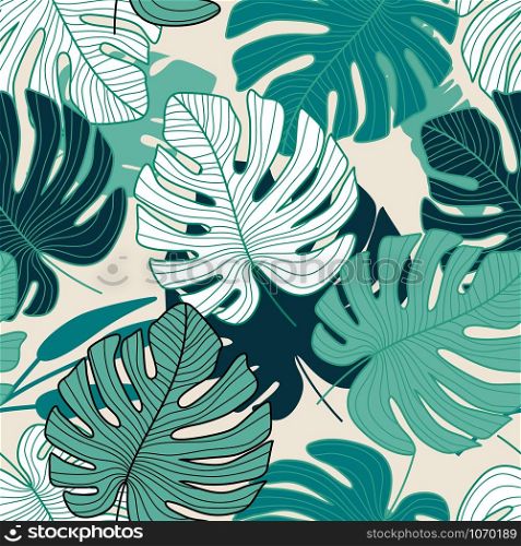 Monstera leaf seamless pattern on white background. Design for printing, textile, fabric, fashion, interior, wrapping paper. Vector illustration. Monstera leaf seamless pattern on white background.