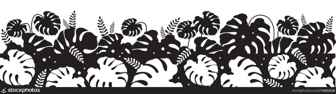 Monstera leaves black silhouette seamless border. Jungle vegetation monochrome vector illustration. Palm tree frondage decorative ornament design. Tropical plants, botanical repeating pattern. Monstera leaves black silhouette seamless border