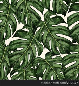 Monstera leaves hand drawn seamless color pattern. Philodendron watercolor background. Houseplant sketch drawing. Ink pen illustration. Domestic plant, greenery. Wrapping paper, wallpaper design. Monstera leaves hand drawn seamless color pattern