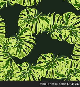 Monstera leaves seamless pattern. Exotic jungle plants endless wallpaper. Leaf background. Hawaiian rainforest floral backdrop. Design for fabric, textile print, wrapping, cover. Vector illustration. Monstera leaves seamless pattern. Exotic jungle plants endless wallpaper. Leaf background. Hawaiian rainforest floral backdrop.