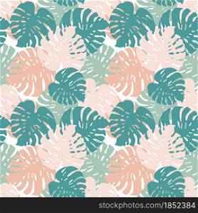 Monstera leaves seamless pattern. Exotic tropical backdrop. Creative palm leaf botanical wallpaper. Pastel colors. Design for fabric , textile print, wrapping, cover. Abstract vector illustration.. Monstera leaves seamless pattern. Exotic tropical backdrop.