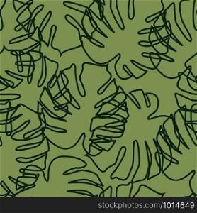 Monstera leaves seamless pattern in outline style. Botanical leaf backdrop. Design for fabric, textile print, wrapping paper. Vector illustration. Monstera leaves seamless pattern in outline style. Botanical leaf backdrop.