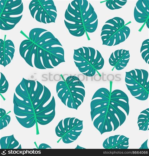 Monstera leaves seamless pattern. Natural tropical exotic leaf. Scandinavian fabric print, organic garden vector background template. Illustration of seamless pattern background green monstera. Monstera leaves seamless pattern. Natural tropical exotic leaf. Scandinavian fabric print, organic garden vector background template