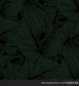 Monstera leaves seamless pattern on black background. Tropical pattern, botanical leaf backdrop. Trendy design for fabric, textile print, wrapping paper. Vector illustration. Monstera leaves seamless pattern on black background. Tropical pattern, botanical leaf backdrop.