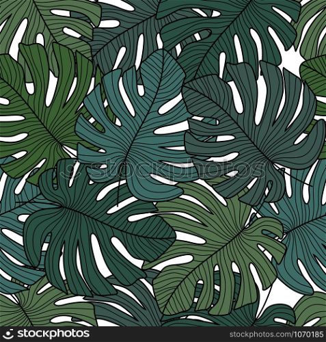 Monstera leaves seamless pattern on white background. Design for printing, textile, fabric, fashion, interior, wrapping paper. Vector illustration. Monstera leaves seamless pattern on white background.