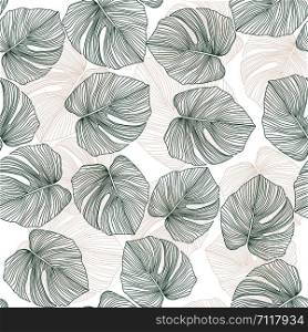 Monstera leaves seamless pattern. Tropical pattern, botanical leaf on white background. Trendy design for fabric, textile print, wrapping paper. Vector illustration. Monstera leaves seamless pattern. Tropical pattern, botanical leaf