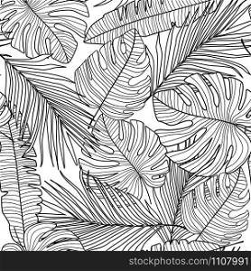 Monstera line leaves seamless pattern on white background. Tropical pattern, botanical leaf wallpaper. Simple design for fabric, textile print, wrapping paper. Vector illustration. Monstera line leaves seamless pattern on white background.