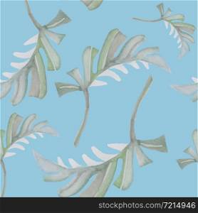 Monstera watercolor leaves seamless pattern on blue stock vector illustration