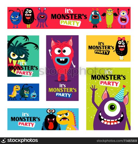Monsters Banners set or Monster labels for kids diary design vector illustration. Monsters Banners set or Monster labels for kids diary design