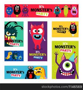 Monsters Banners set or Monster labels for kids diary design vector illustration. Monsters Banners set or Monster labels for kids diary design