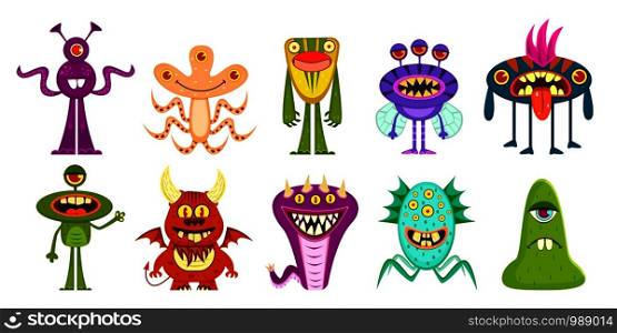 Monsters. Cute goblins and gremlins, scary aliens. Halloween funny trolls cartoon characters vector creature party face kids animal set. Monsters. Cute goblins and gremlins, scary aliens. Halloween funny trolls cartoon characters vector set