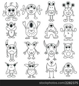 Monsters doodle set. Collection funny and funny outline drawing characters. Coloring book fictional creatures isolated vector illustration. Monsters doodle set