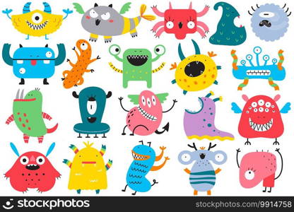 Monsters doodle set. Collection of colorful cartoon characters spooky creatures alliens ugly cyclops beasts mascots angry gremlins. Vector illustration of comic Halloween symbols.. Monsters doodle set