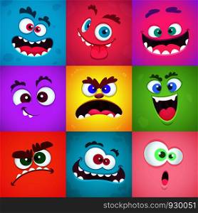 Monsters emotions. Scary faces masks with mouth and eyes of aliens monsters vector emoticon set. Halloween cute alien, head funny character flat illustration. Monsters emotions. Scary faces masks with mouth and eyes of aliens monsters vector emoticon set