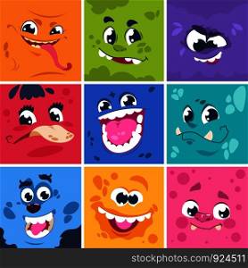 Monsters faces. Cute cartoon characters with different funny expressions, comic happy and scary monsters. Vector square illustration monster mask set for comics or avatars. Monsters faces. Cute cartoon characters with different funny expressions, comic happy and scary monsters. Vector square set