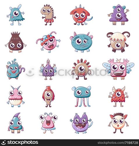Monsters icons set. Cartoon set of monsters vector icons for web design. Monsters icons set, cartoon style