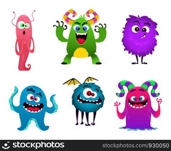 Monsters mascot. Furry cute gremlin troll bizarre funny toys vector cartoon characters isolated. Character scary and funny, cheerful monster goblin. Vector illustration. Monsters mascot. Furry cute gremlin troll bizarre funny toys vector cartoon characters isolated
