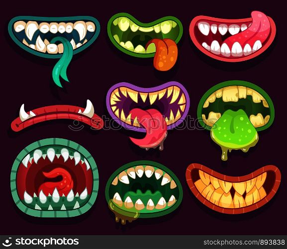 Monsters mouths. Halloween scary monster teeth and tongue in mouth closeup. Funny jaws and crazy face laugh maws of happy bizarre creatures expression zombie or alien character cartoon vector icon set. Monsters mouths. Halloween scary monster teeth and tongue in mouth. Funny jaws and crazy maws of bizarre creatures cartoon vector set