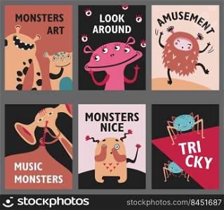 Monsters posters set. Cute creatures or beasts vector illustrations with amusement or music text. Show for kids concept for flyers, leaflets, greeting cards