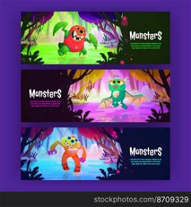 Monsters posters with cute alien animals in forest swamp. Vector horizontal banner with cartoon fantasy illustration of magic woods landscape and fantastic creatures. Monsters posters with cute alien animals in forest
