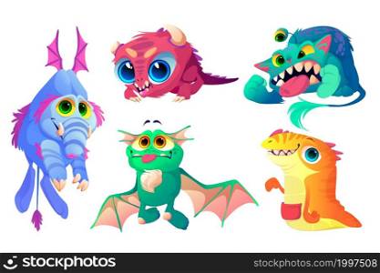 Monsters set, cute cartoon characters, funny aliens, strange animals or Halloween creatures with smiling toothed muzzles, dragon wings, trunk and big eyes. Whimsical spooky mascots Vector illustration. Monsters set, cute cartoon characters funny aliens