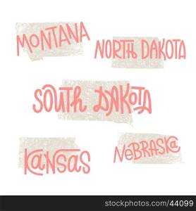 Montana, North Dakota, South Dakota, Kansas, Nebraska USA state outline art with custom lettering for prints and crafts. United states of America wall art of individual states
