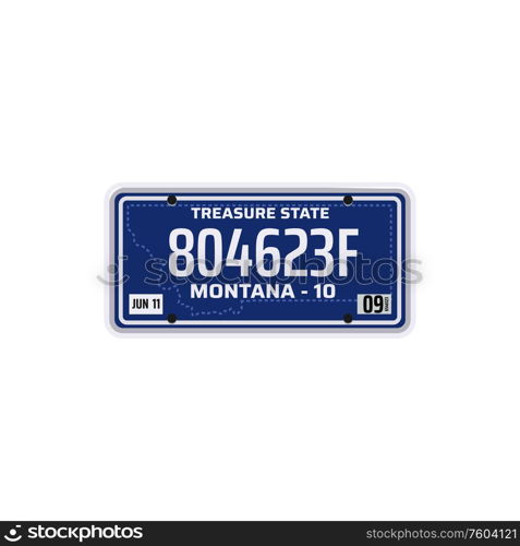 Montana state registration number isolated vehicle plate. Vector transport numberplate with letters. USA state Montana car registration plate isolated