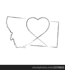 Montana US state hand drawn pencil sketch outline map with heart shape. Continuous line drawing of patriotic home sign. A love for a small homeland. T-shirt print idea. Vector illustration.. Montana US state hand drawn pencil sketch outline map with the handwritten heart shape. Vector illustration