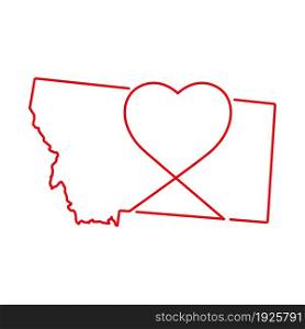 Montana US state red outline map with the handwritten heart shape. Continuous line drawing of patriotic home sign. A love for a small homeland. T-shirt print idea. Vector illustration.. Montana US state red outline map with the handwritten heart shape. Vector illustration