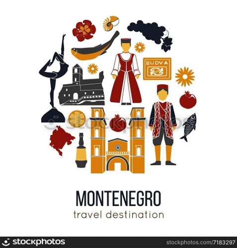 Montenegro cultural symbols set in round shape isolated on white. Europe travelling template vector colorful illustration. Traditional clothes, national sport kinds, architectural constructions. Montenegro cultural symbols set in round shape isolated on white.