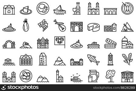 Montenegro icons set outline vector. Country area. Atlas building. Montenegro icons set outline vector. Country area