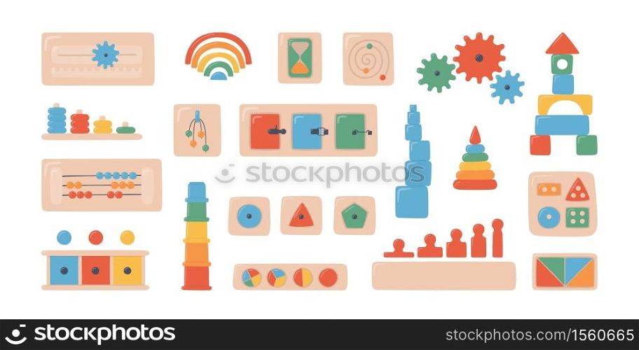 Montessori kid toys and boards. Wooden toys for preschool children. Montessori system for early childhood development. Set of vector objects on white background. Montessori kid toys and boards. Wooden toys for preschool children. Montessori system for early childhood development.