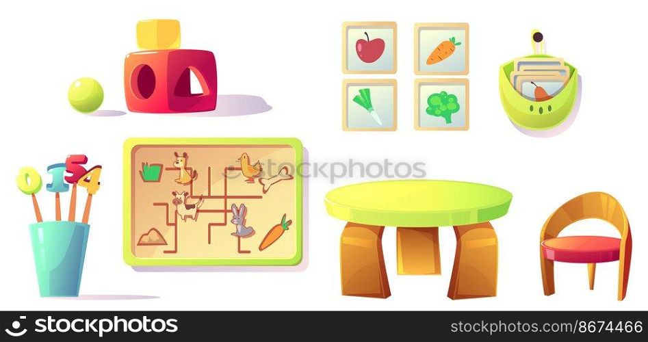 Montessori kindergarten equipment and toys for playroom, elementary school class. Wooden furniture table, chair, teaching materials sorters, digits and educational cards, cartoon vector illustration. Montessori kindergarten equipment, toys, materials