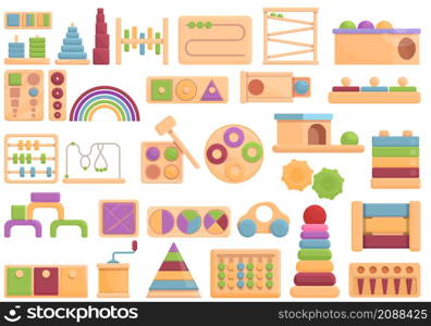 Montessori system icons set cartoon vector. Childhood block. Children development. Montessori system icons set cartoon vector. Childhood block