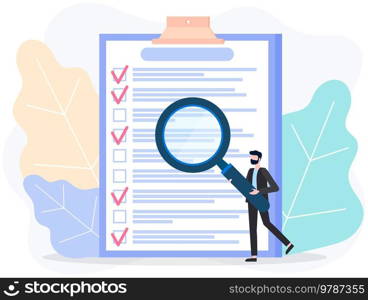 Month planning, to do list, time management, checklist. Man studying to do list with magnifier. Plan fulfilled, task completed. Person with magnifying glass looking at timetable on clipboard. Man studying to do list with magnifier. Person with magnifying glass looks at checklist on clipboard