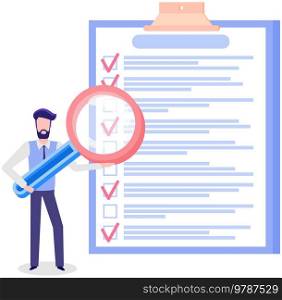 Month planning, to do list, time management, checklist. Man studying to do list with magnifier. Plan fulfilled, task completed. Person with magnifying glass looking at timetable on clipboard. Man studying to do list with magnifier. Person with magnifying glass looks at checklist on clipboard