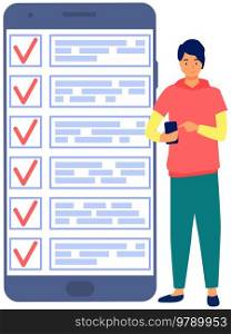 Month scheduling, to do list, time management app. Man stands near to do plan on smartphone. Plan fulfilled, task completed, timetable on phone screen. Check list planning, schedule concept. Month scheduling, to do list, time management app. Businessman stands near checklist on smartphone