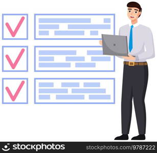 Month scheduling, to do list, time management. Businessman stands near checklist and planning. Plan fulfilled, task completed, timetable on paper sheet. Check list plan, schedule creation concept. Month scheduling, to do list, time management. Businessman stands near checklist and planning