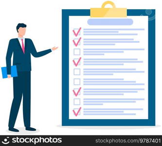 Month scheduling, to do list, time management. Businessman stands near checklist and planning. Plan fulfilled, task completed, timetable on paper sheet. Check list plan, schedule creation concept. Month scheduling, to do list, time management. Businessman stands near checklist and planning