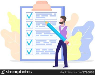 Month scheduling, to do list, time management. Businessman stands near checklist and planning. Plan fulfilled, task completed, timetable on paper sheet. Check list plan, schedule creation concept. Month scheduling, to do list, time management. Businessman stands near checklist and planning