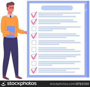 Month scheduling, to do list, time management. Businessman stands near checklist and planning. Plan fulfilled, task completed, timetable on paper sheet. Check list plan, schedule creation concept. Month scheduling, to do list, time management. Businessman stands near checklist and planning