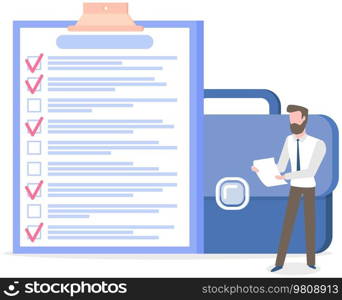 Month scheduling, to do list, time management. Businessman stands near checklist and planning. Plan fulfilled, task completed, timetable on paper sheet. Check list plan, schedule creation concept. Month scheduling, to do list, time management. Businessman stands near checklist and planning