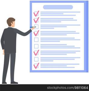 Month scheduling, to do list, time management. Businessman stands near checklist and planning. Plan fulfilled, task completed, timetable on paper sheet. Check list plan, schedule creation concept. Month scheduling, to do list, time management. Businessman stands near checklist and planning