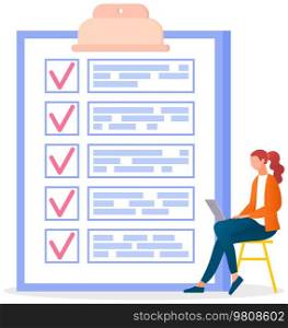 Month scheduling, to do list, time management, checklist. Terrified woman sitting near to do plan and planning. Plan fulfilled, task completed, timetable sheet. Check list planning, schedule concept. Terrified woman sitting near to do list and planning. Plan fulfilled, task completed, timetable